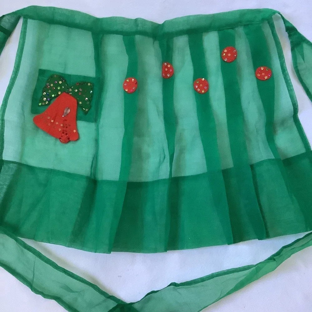 Handmade Christmas Half Apron Green Sheer Bell Pocket Sequins Retro Holiday